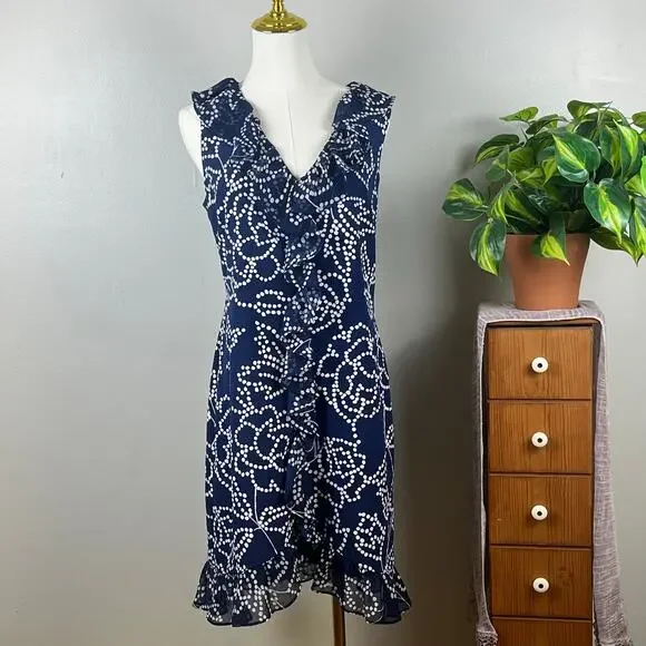 Karl Lagerfeld Navy Blue with White Dots Ruffled Dress Medium - Picture 2 of 8